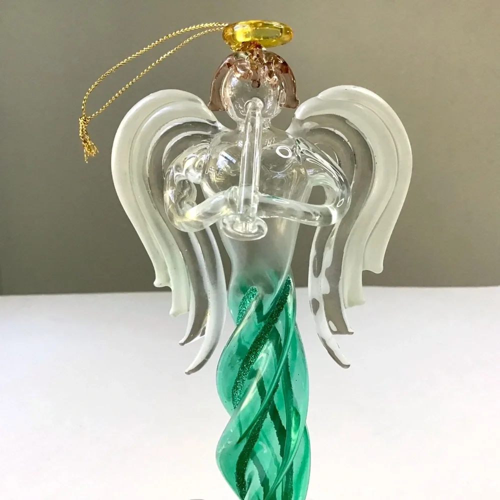 Angel Icicle Christmas Ornament Green Glitter Twisted Swirl Acrylic Wings Horn